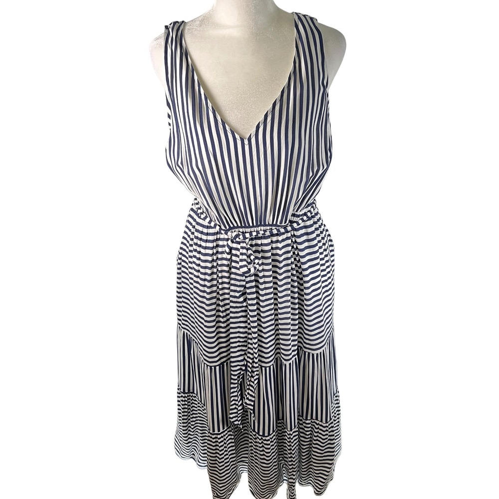 Torrid Navy Blue White Striped Sleeveless Tiered Midi Dress V-Neck Size 0 L XL
